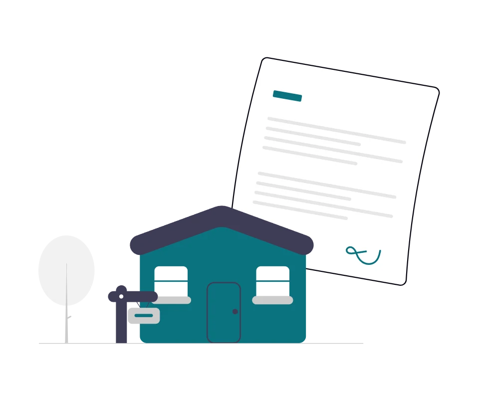 Ein Haus mit Schluessel und Mietvertrag.
