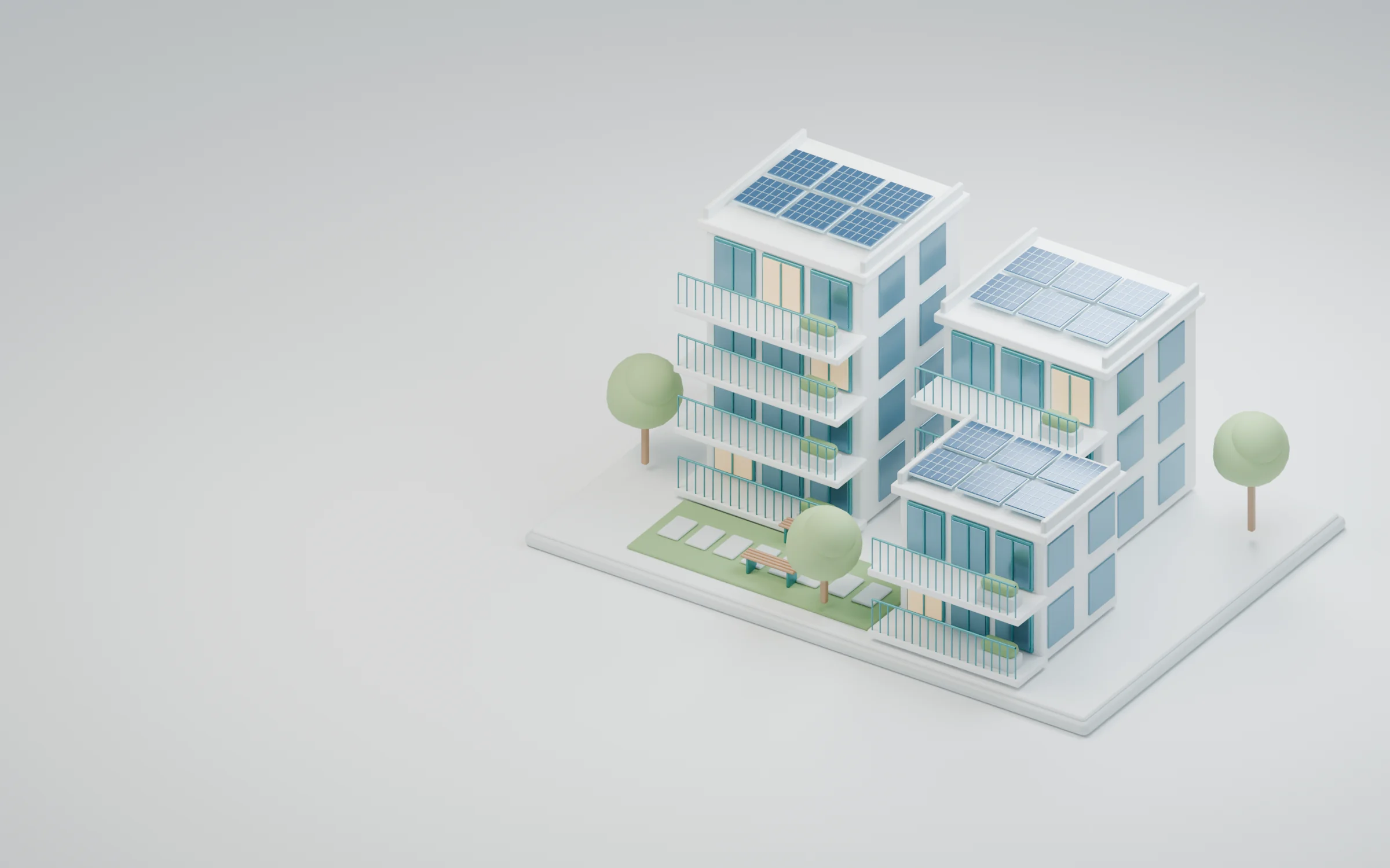 Modernes Wohnensemble mit Solardächern, begrünten Balkonen und gemeinsamem Garten, als individuelle 3D-Architekturszene gestaltet.